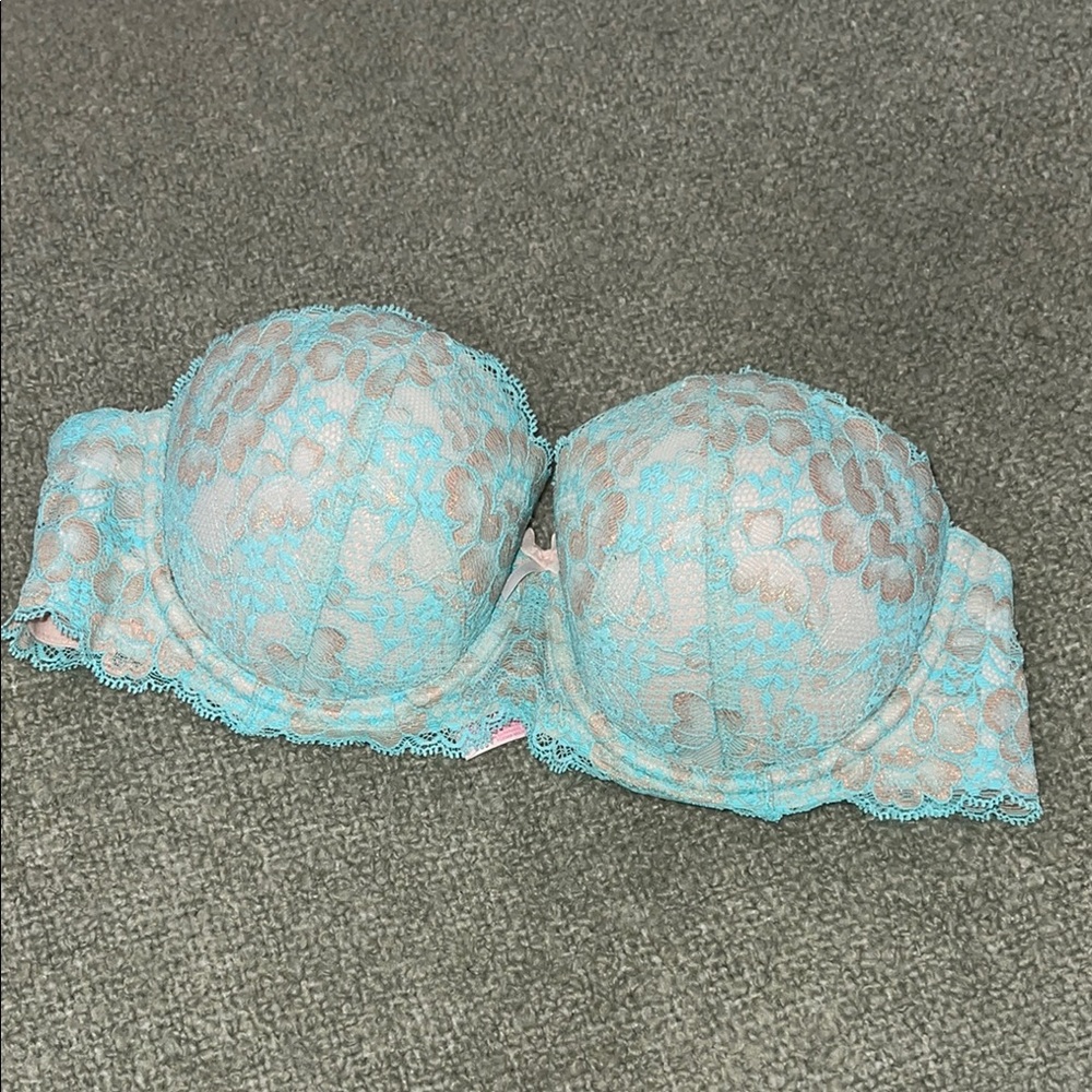 Victoria's Secret Tan and Blue Lace Strapless Bra